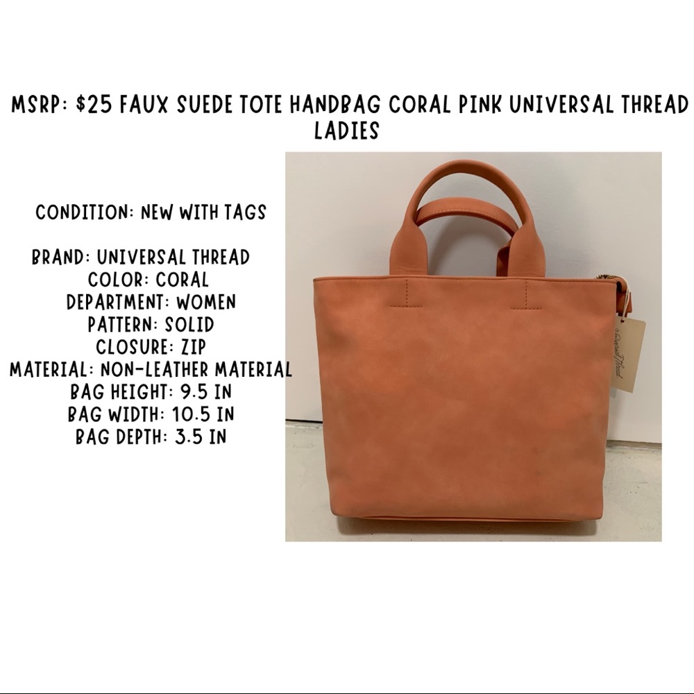 MSRP $25 Faux Suede Paxton Tote Handbag Coral Universal Thread Ladies